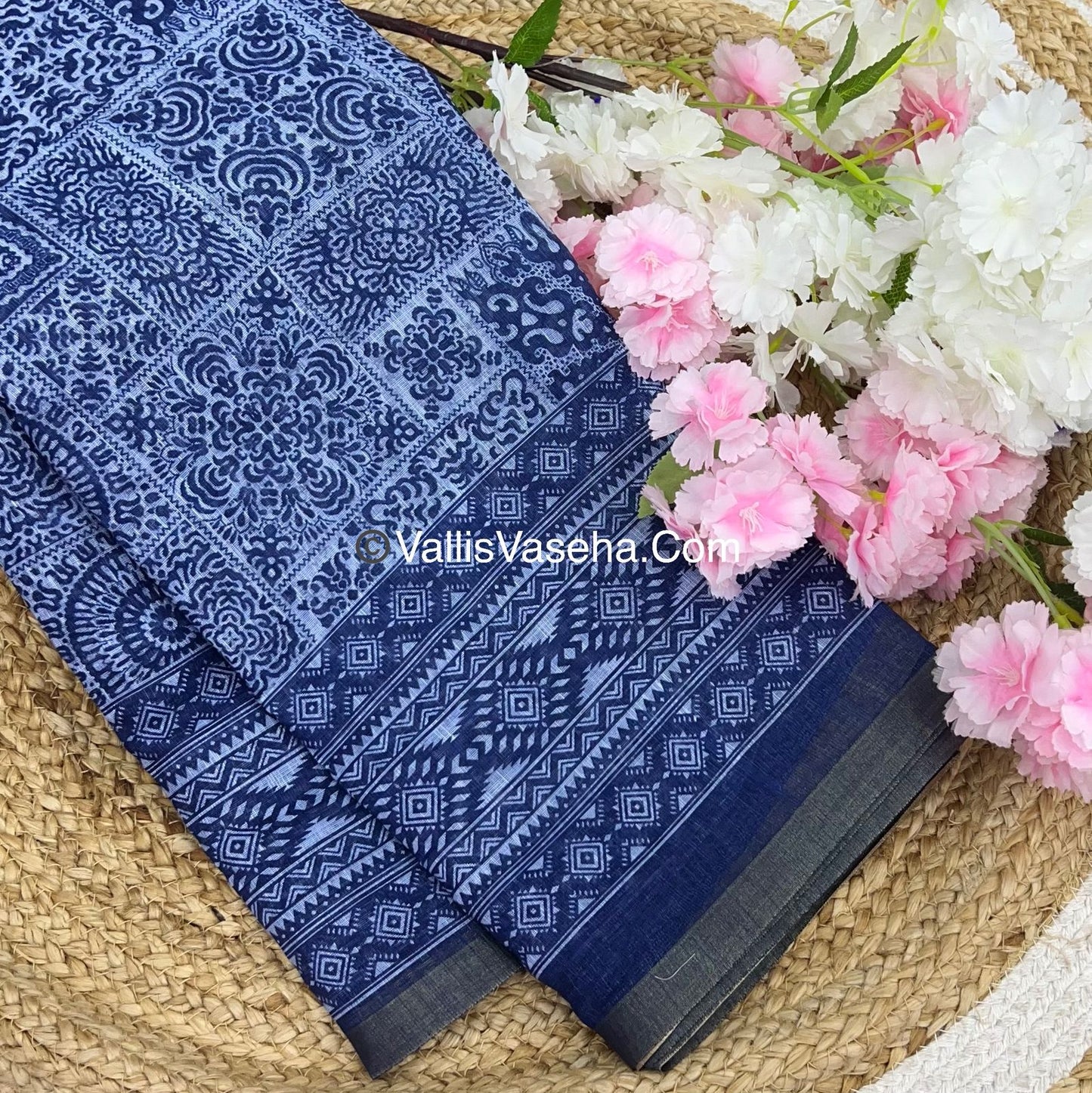 Linen Mixed Cotton Saree - Indigo Blue - Printed - VVLMP001
