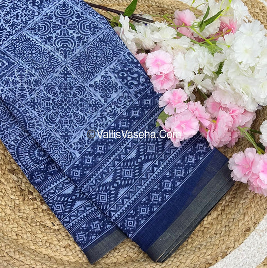 Linen Mixed Cotton Saree - Indigo Blue - Printed - VVLMP001