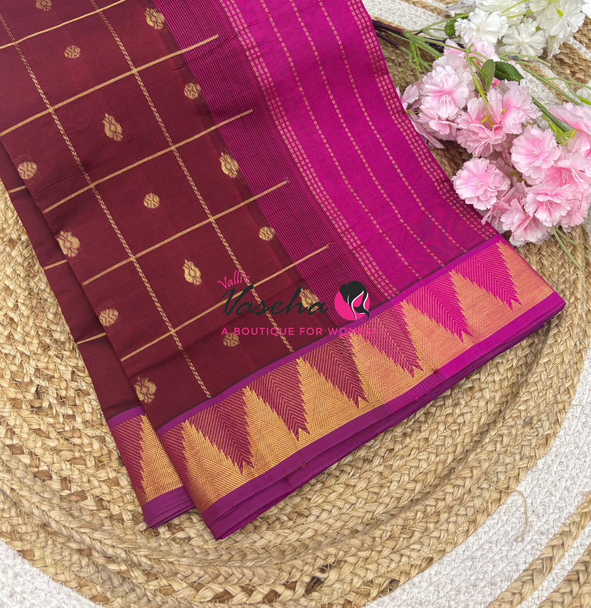 Semi Silk Cotton Saree - Checked Pattern with Butta  - VVSSC013
