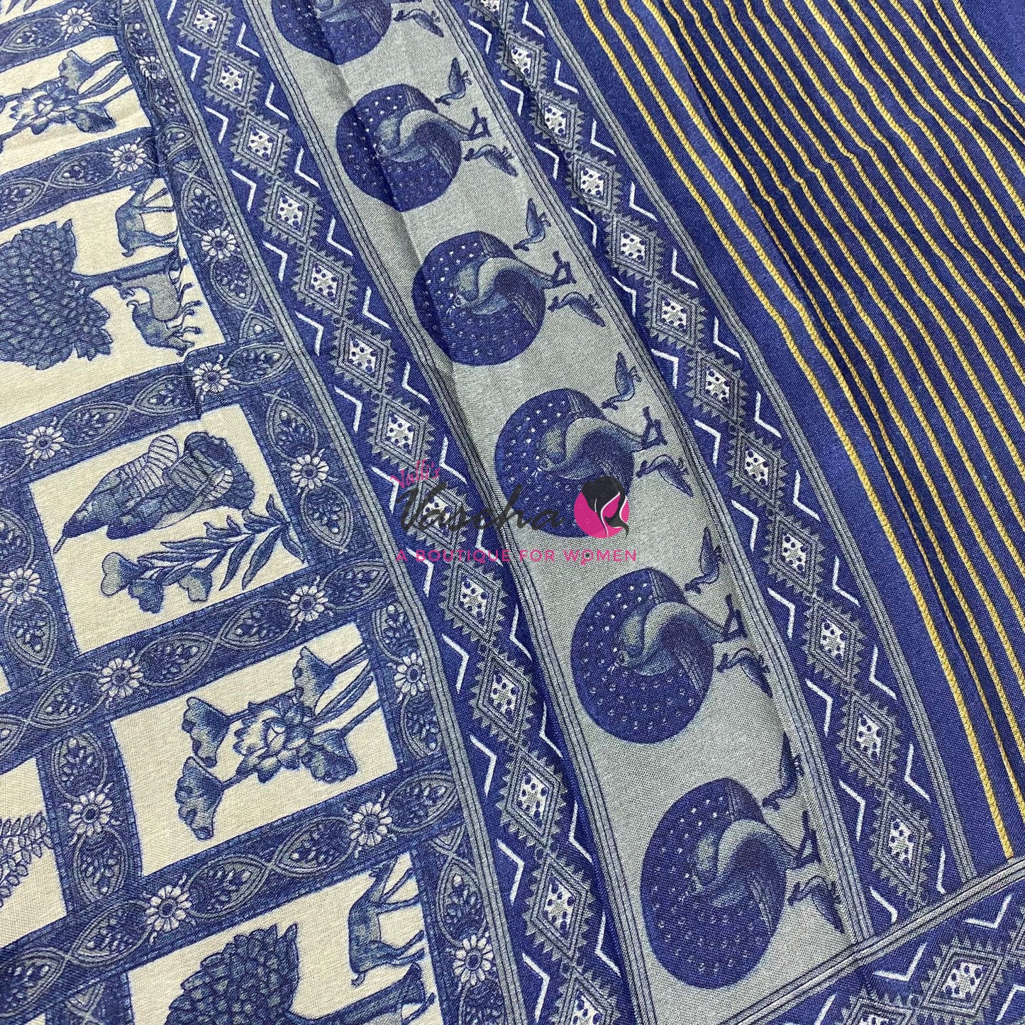 Semi Maheshwari Mixed Cotton Saree - Linen Feel - Indigo Blue - VVMSC008