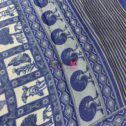 Semi Maheshwari Mixed Cotton Saree - Linen Feel - Indigo Blue - VVMSC008