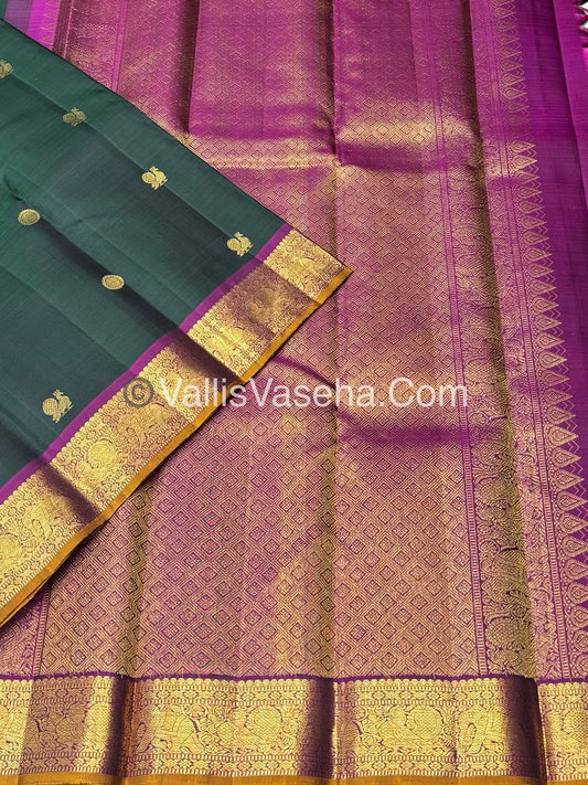 Pure Kanchipuram Silk Saree - Green & Purple Combo - VVPS025