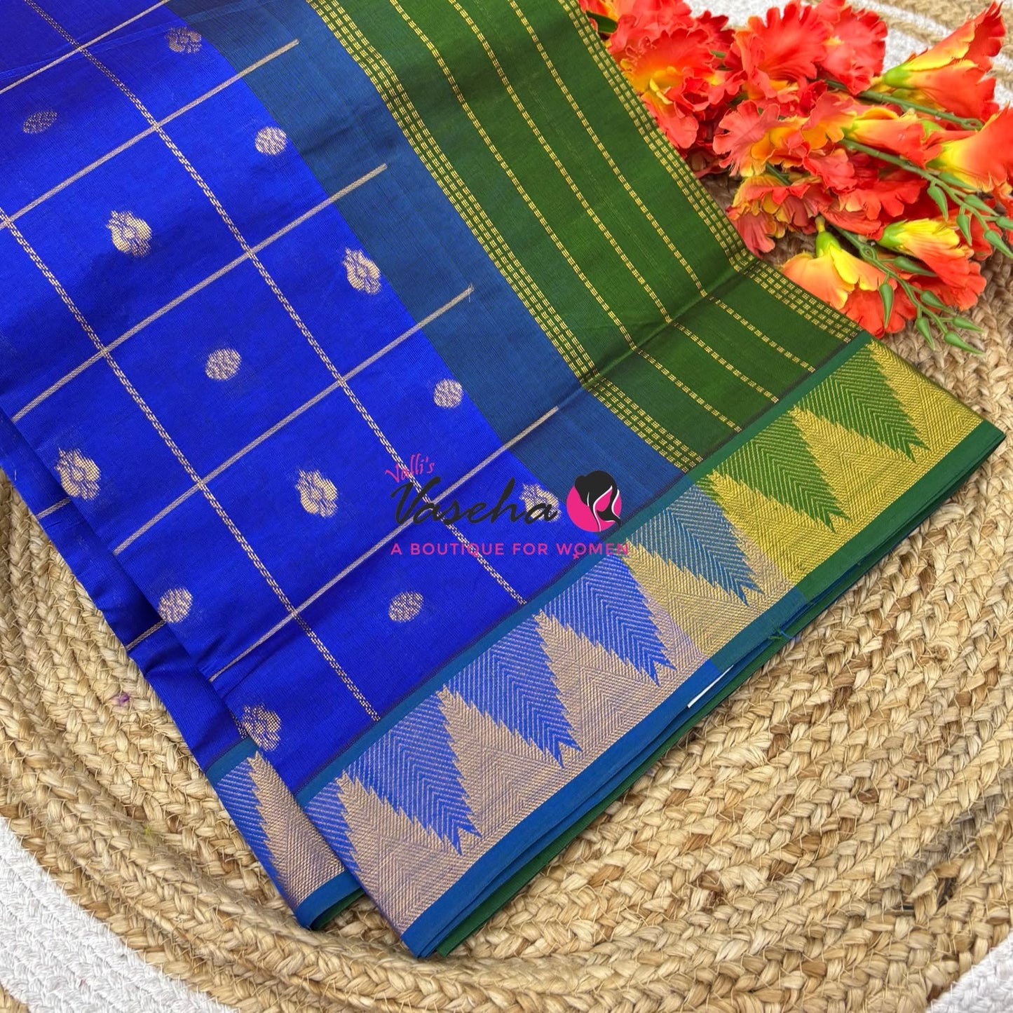Semi Silk Cotton Saree - Checked Pattern with Butta  - VVSSC012