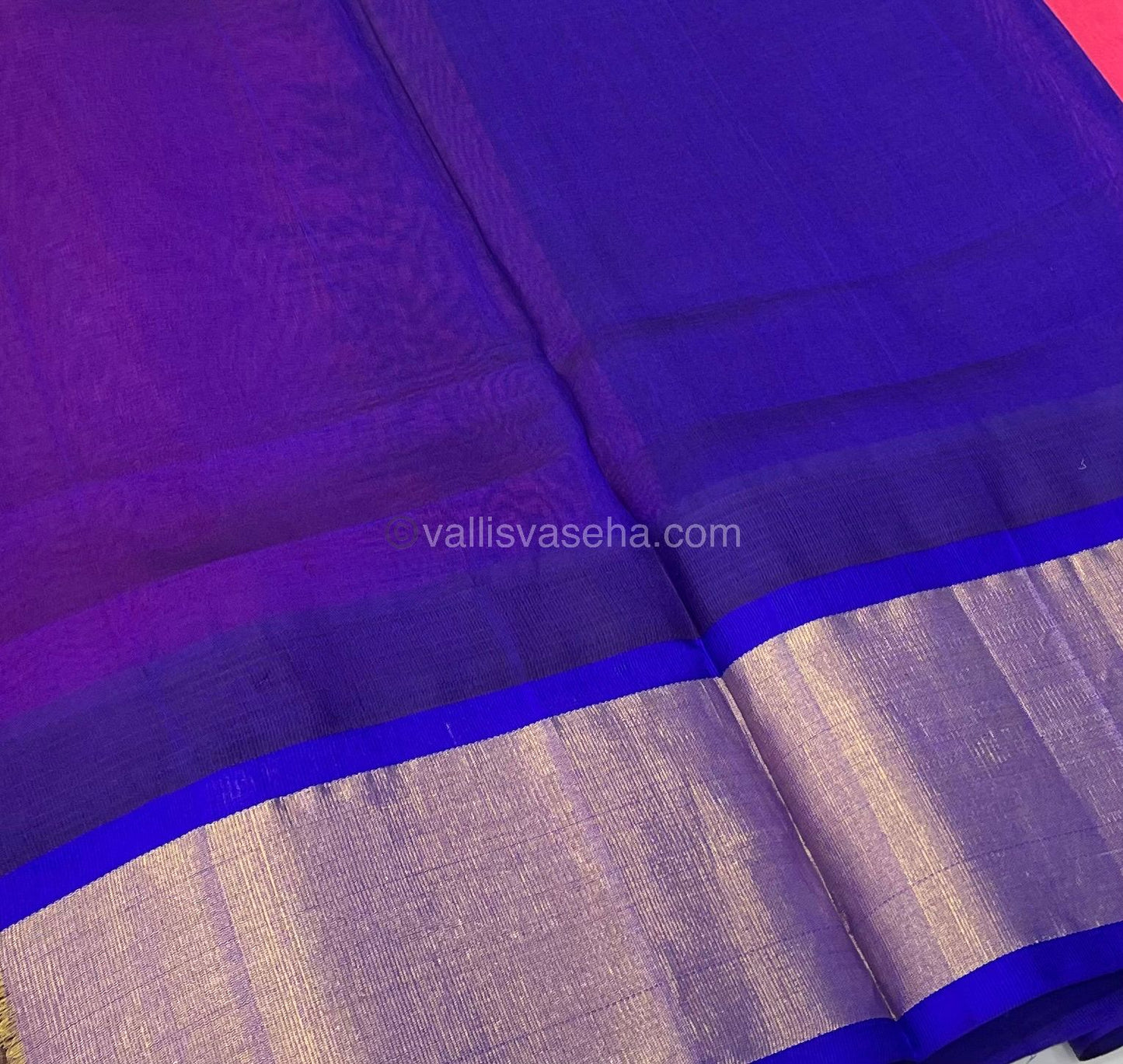 Pure Korvai Silk Cotton Saree - Pinkish Peach with Violetish Blue Combo - Temple border - VVKSC001