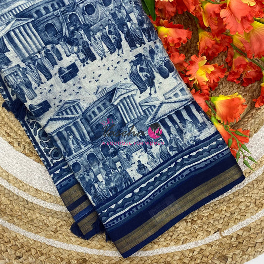 Semi Maheshwari Mixed Cotton Saree - Linen Feel - Indigo Blue - VVMSC008