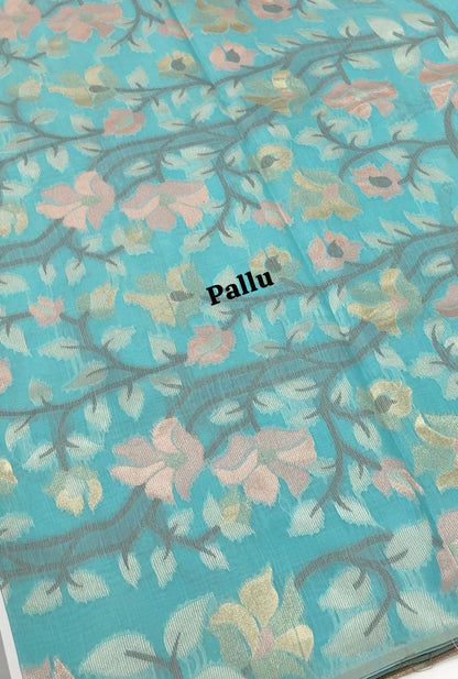 Semi Raw Silk with Jamdhani Design Weaving - Sea Blue Shade - VVRS001