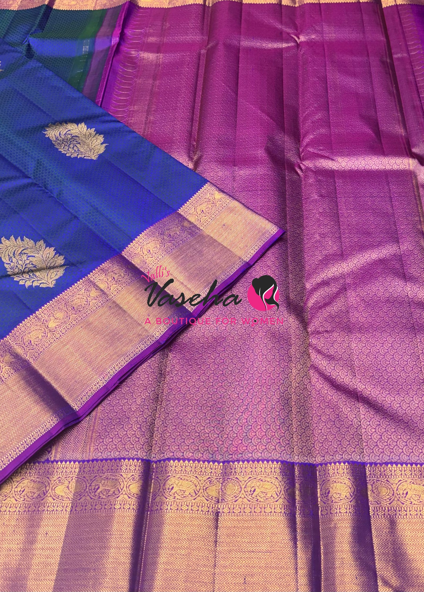 Pure Kanchipuram Bridal Silk Saree - Embossed Design - Peacock Blue With Purple Combo - VVPS023