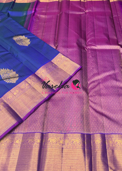 Pure Kanchipuram Bridal Silk Saree - Embossed Design - Peacock Blue With Purple Combo - VVPS023