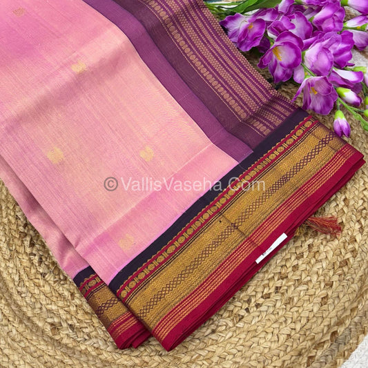 Pure Korvai Silk Cotton Saree - Baby Pink with Purple - VVKSC004