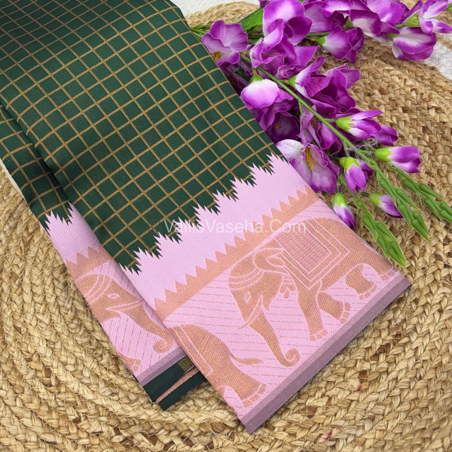 Semi Silk Saree - Kanchi Silk Style - Elephant Border - Green with Pink - VVSSS005