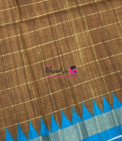 Semi Art Tussar Silk  / Art Silk - Brown & Blue - VVATS008