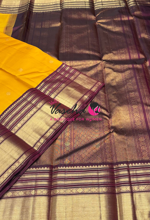 Pure Vintage Korvai Kanchipuram Silk Saree - Yellow With Maroon - VVPS102