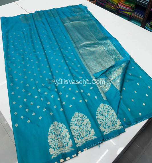 Semi Soft Silk - Tree With Double Birds Butta Border - Ramar Blue Shade -VVSSS011