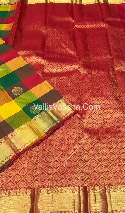 Pure Kanchipuram Silk Saree - Pazhum Pazhamum Checks - VVPS006
