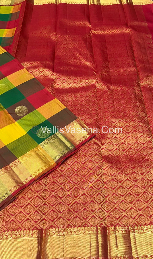 Pure Kanchipuram Silk Saree - Pazhum Pazhamum Checks - VVPS006
