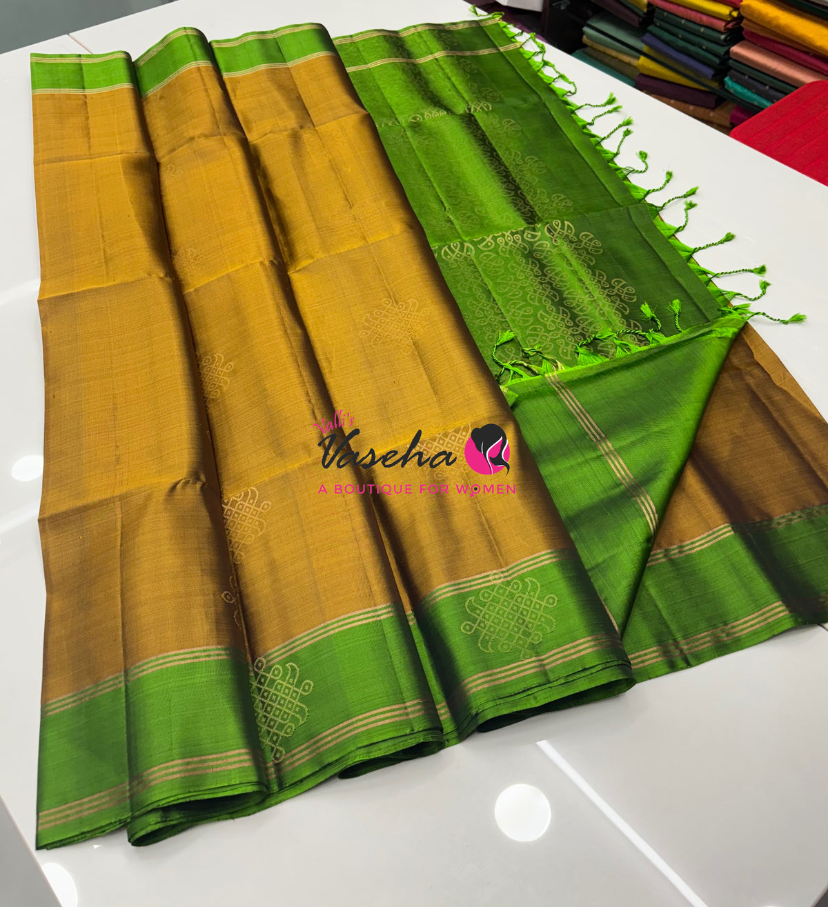 Pure Soft Silk Saree  - Kolam Weaving  - Mustard Yellow & Green Combo - VVPSS160