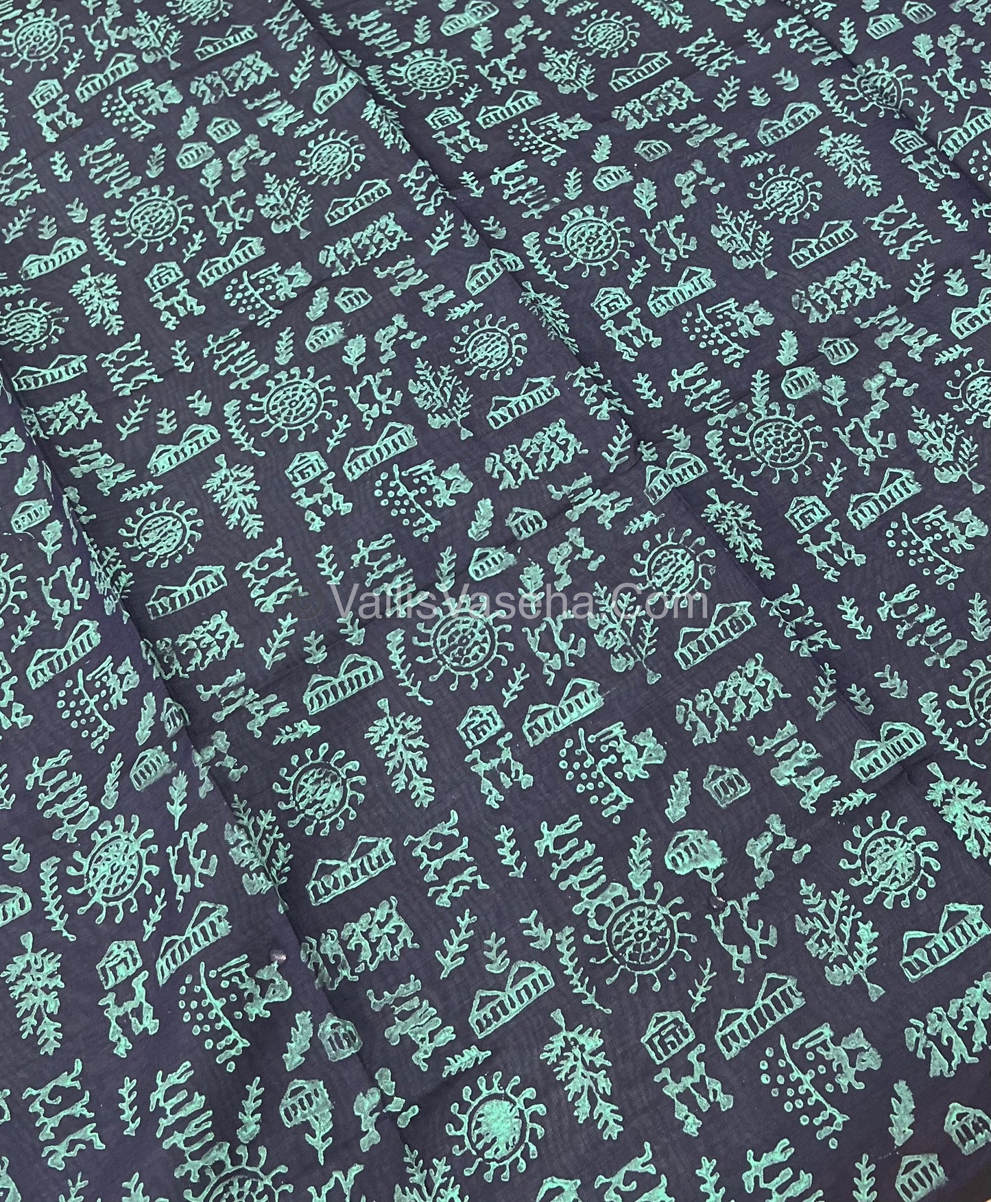 South Mixed Cotton - Mirror Work Embroidery - Light Pastel Green With Blue - VVPCM002