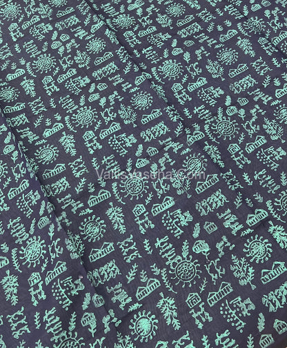 South Mixed Cotton - Mirror Work Embroidery - Light Pastel Green With Blue - VVPCM002