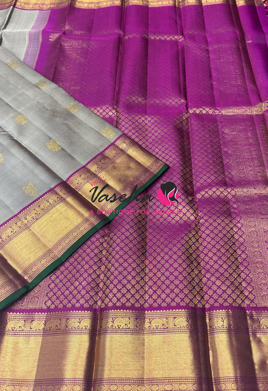 Pure Kanchipuram Silk Saree - Vairavoosi Design  - Grey & Purplish Pink Combo - VVPS059