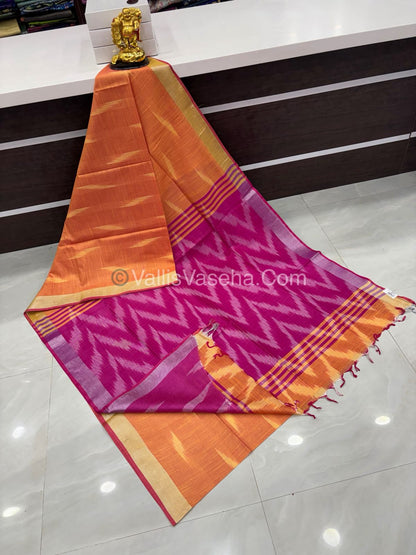 Bhagalpuri Linen Cotton Saree - Ikkat Print - Orange With Pink  Shade - VVBLC002