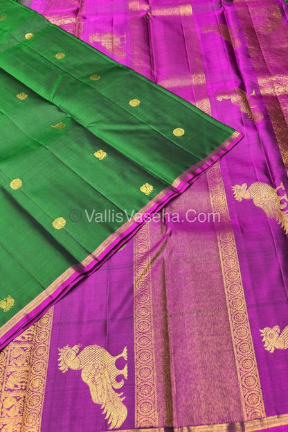 Pure Kanchipuram Silk Saree - Green & Purplish Pink Combo - VVPS020