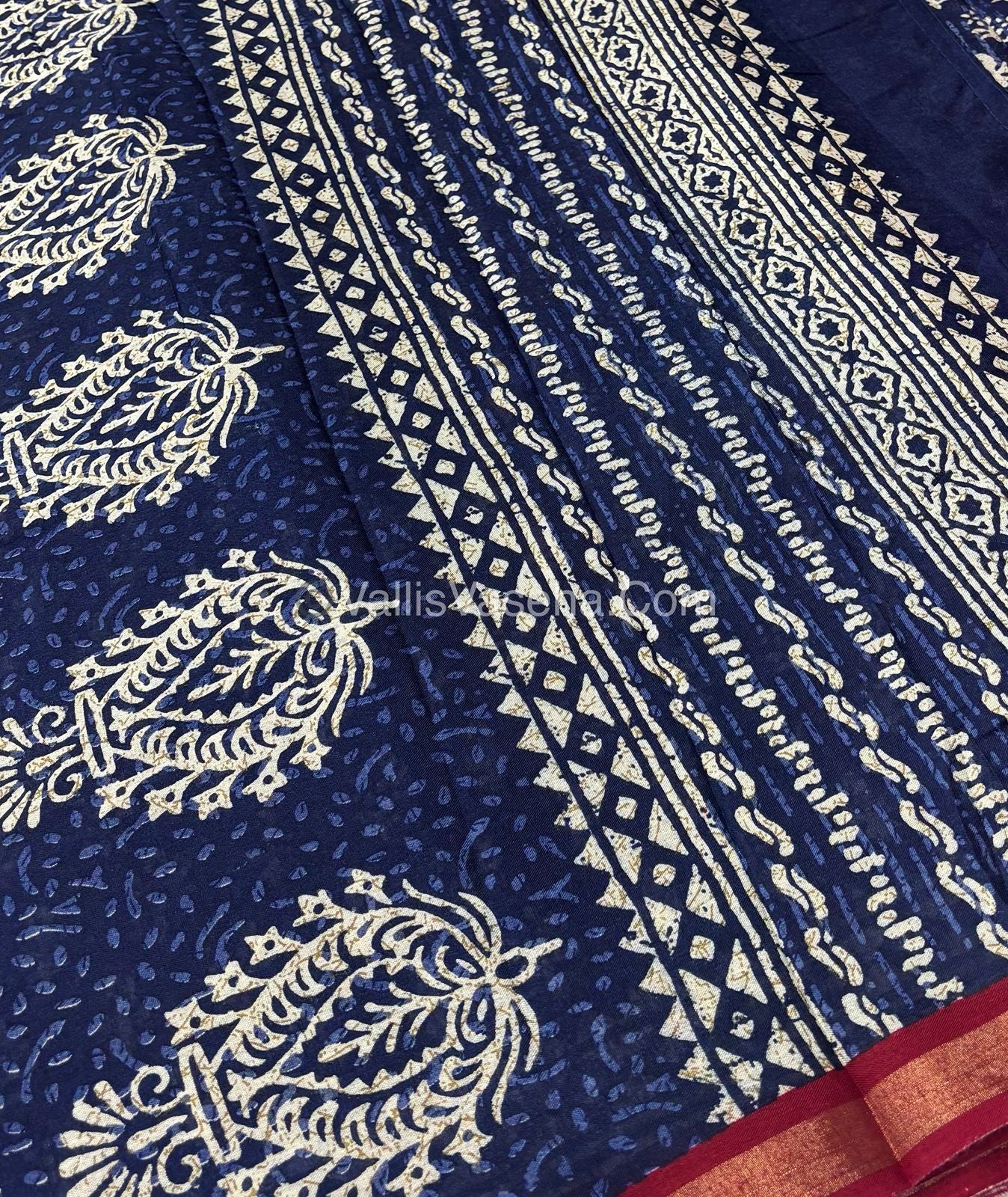 Semi Maheshwari Mixed Cotton Saree - Linen Feel - Indigo Blue & Reddish Merun - VVMSC003
