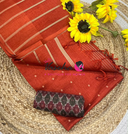 Semi Matka Tussar Silk Saree | Double Blouse | Rust Shade |VVSTS052