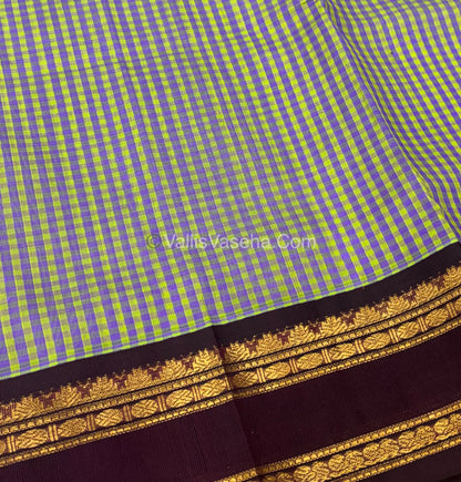 Pure Korvai Silk Cotton - Podi Kattam - Retta Petta Border - Green & Purple & with Wine  - VVKSC003