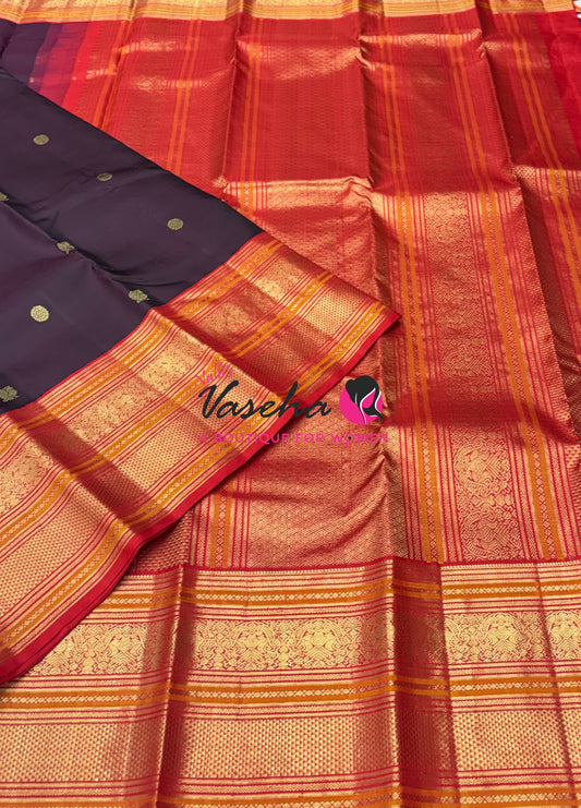 Pure Vintage Korvai Kanchipuram Silk Saree - Brown With Red - VVPS102
