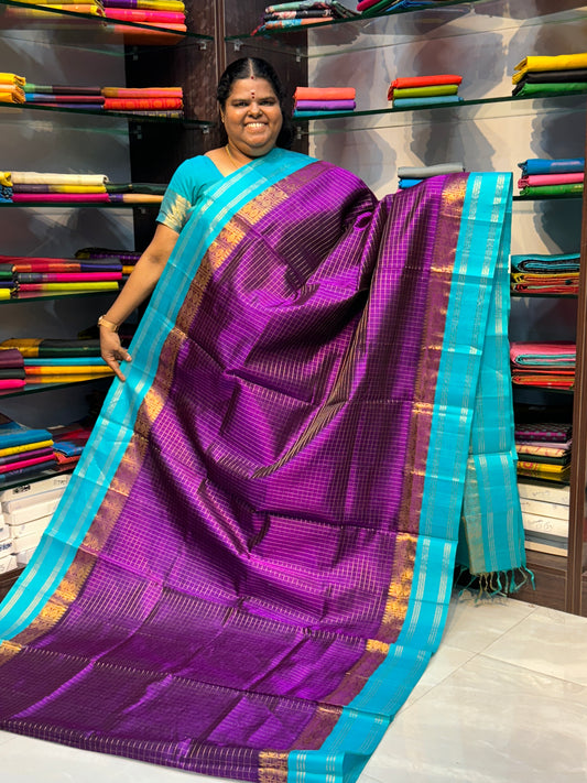 Pure Korvai Silk Cotton - Retta Petta Border - Purple with Turquoise Blue combo - VVKSC010