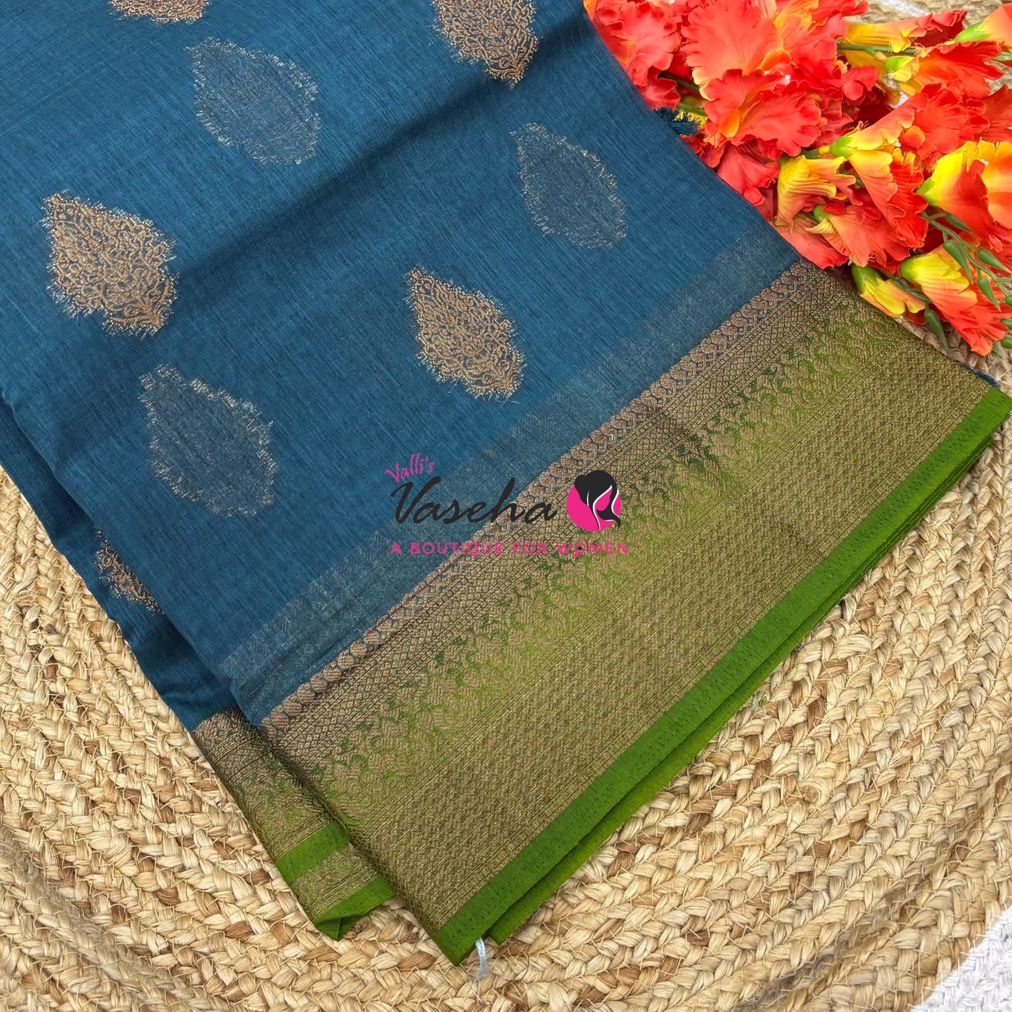 Bamboo Silk Saree - Blue With Green - VVBSS018