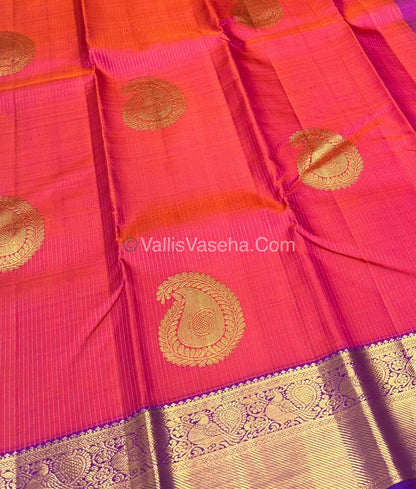 Pure Kanchipuram Silk Saree - Pinkish Peach with Purple combo VVPS011