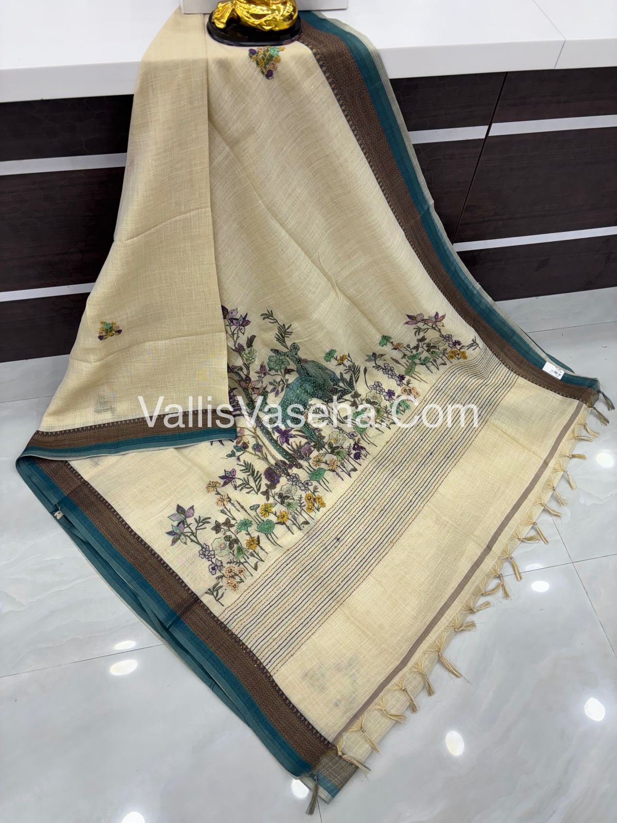 French Knot - Tissue Saree - Cream With Peacock Blue Shade - VVLFN005