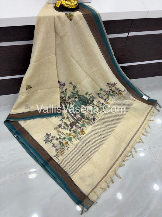 French Knot - Tissue Saree - Cream With Peacock Blue Shade - VVLFN005