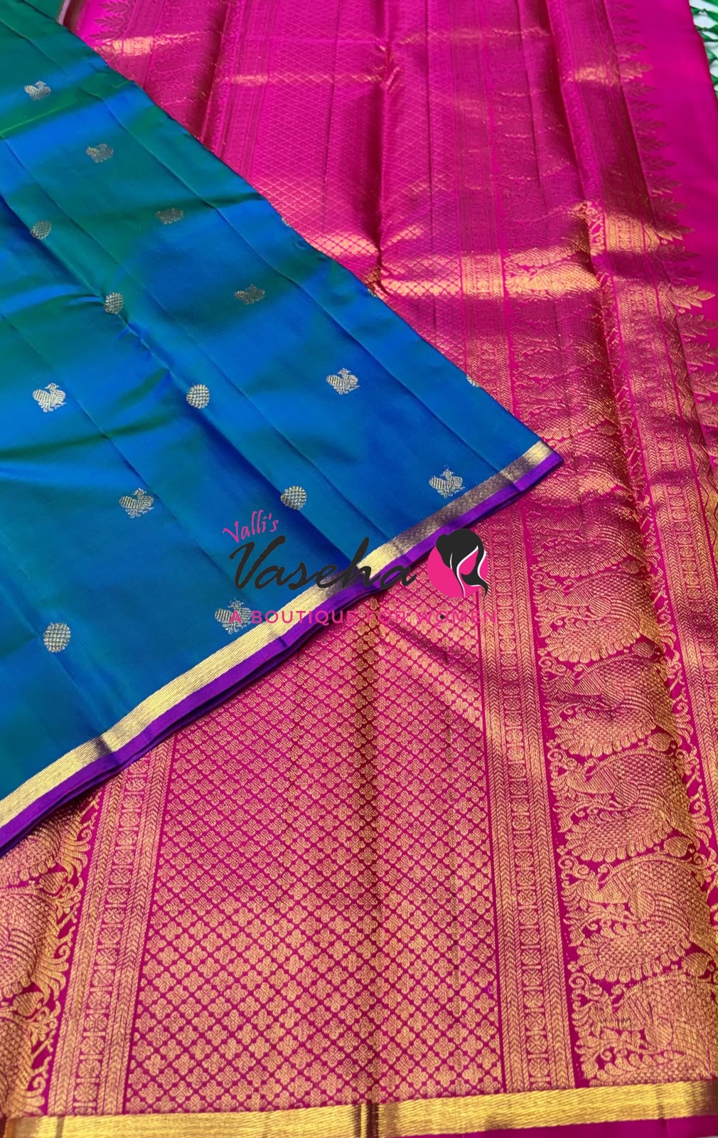 Pure Kanchipuram Silk Saree - Peacock Blue with Pink - VVPS077