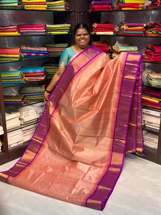 Pure Korvai Silk Cotton Saree - Light Peach with Purple - Temple border - VVKSC001