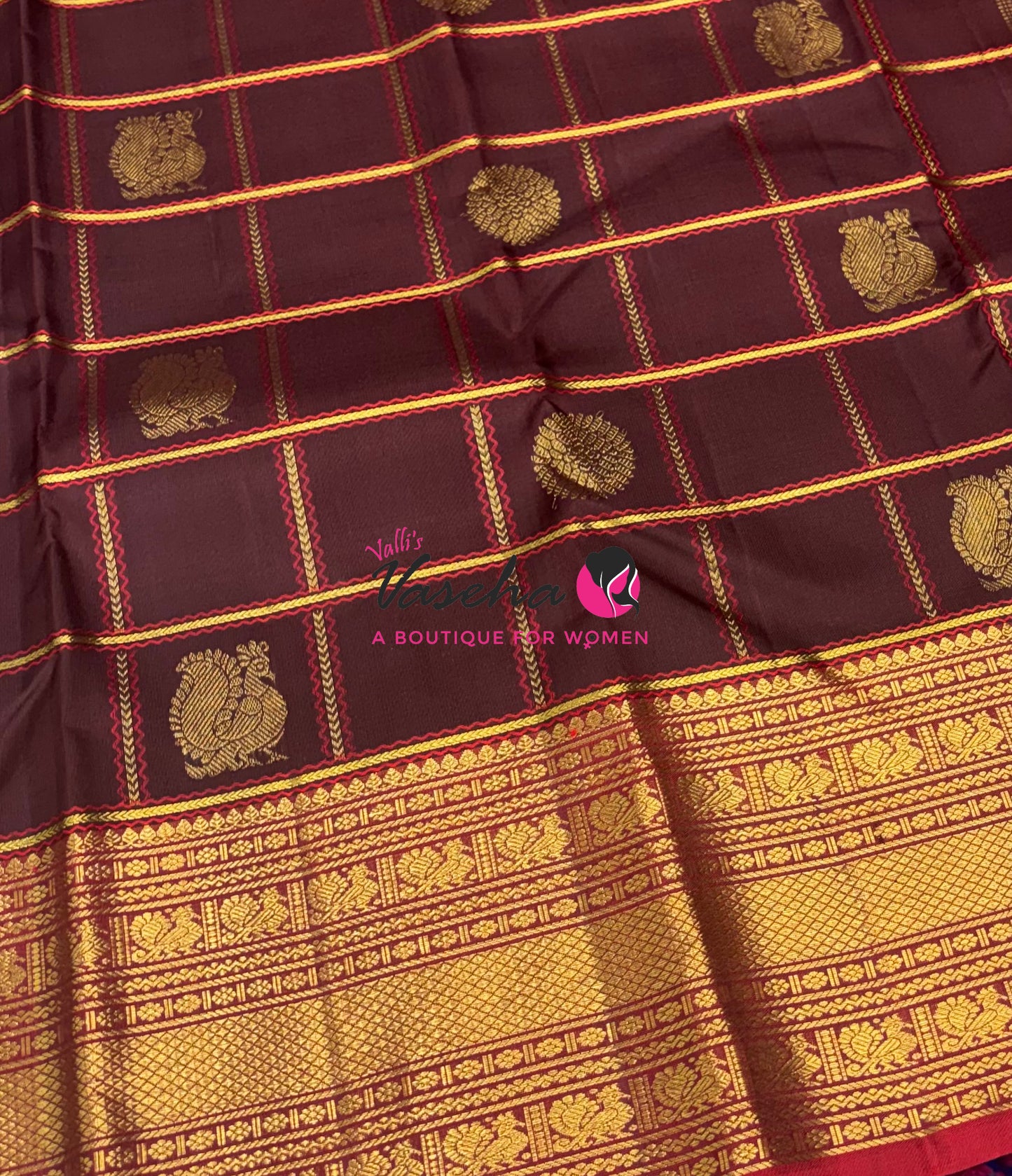 Pure Kanchipuram Silk Saree - Brown & Red Combo - VVPS074