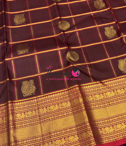 Pure Kanchipuram Silk Saree - Brown & Red Combo - VVPS074