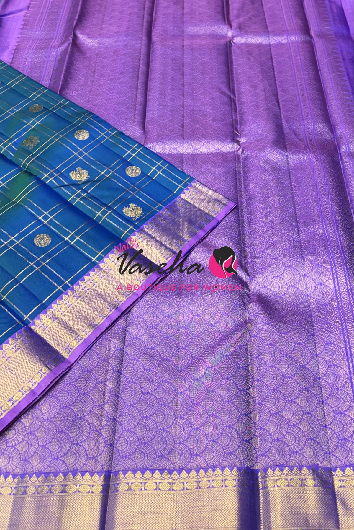 Pure Kanchipuram Silk Saree - Peacock Blue With Lavender Combo - VVPS027
