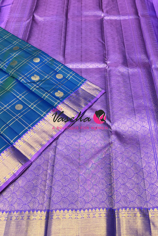 Pure Kanchipuram Silk Saree - Peacock Blue With Lavender Combo - VVPS027