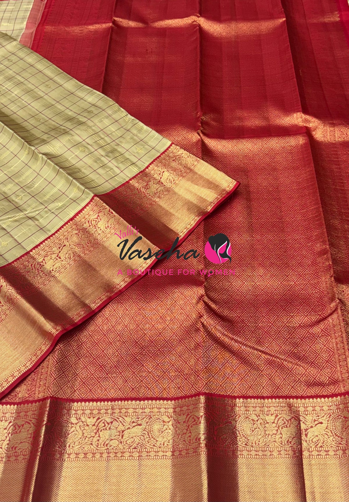 Pure Vintage Korvai Kanchipuram Silk Saree - Cream With Red - VVPS102