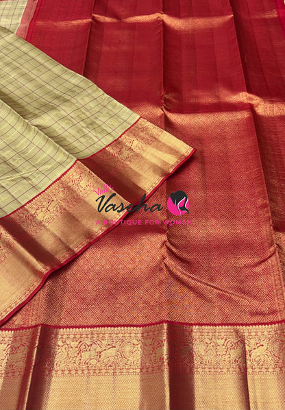 Pure Vintage Korvai Kanchipuram Silk Saree - Cream With Red - VVPS102