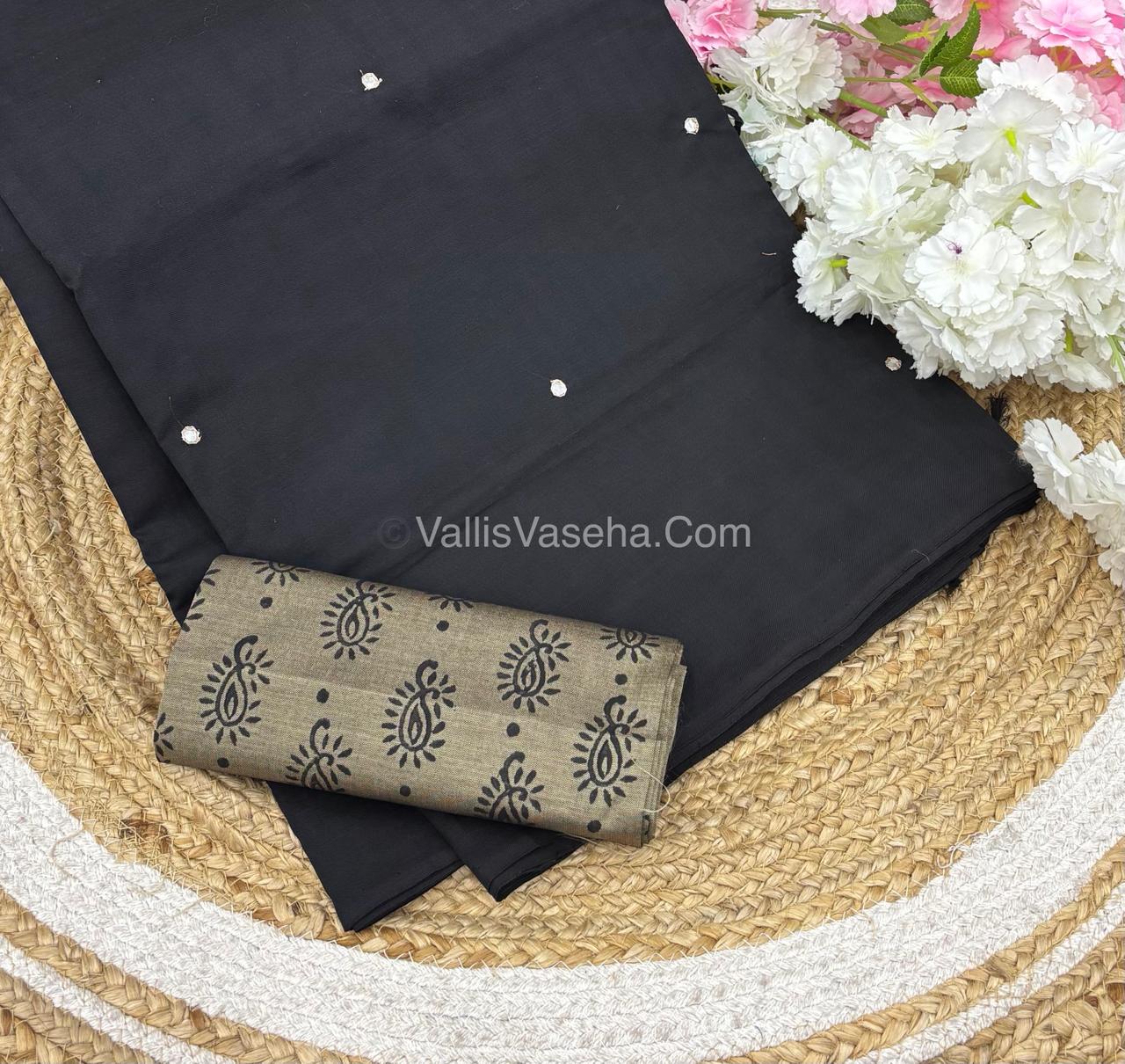 Poly Silk Mixed Cotton - Mirror Work Embroidery - Black with Cream - VVPCM001