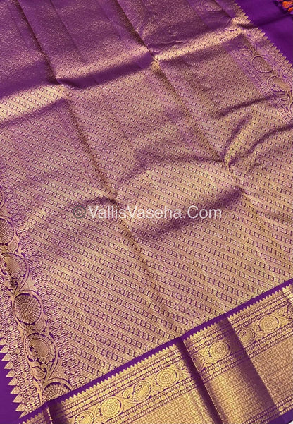 Pure Kanchipuram Silk Saree - Triple Tone Peachish Rust & Purple Combo - VVPS014