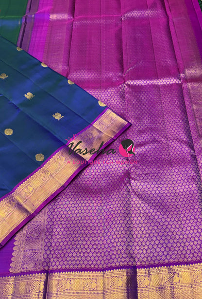 Pure Kanchipuram Silk Saree - Peacock Blue & Purplish Pink Combo - VVPS068