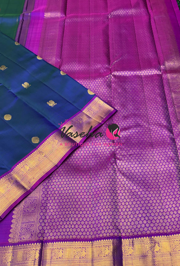 Pure Kanchipuram Silk Saree - Peacock Blue & Purplish Pink Combo - VVPS068