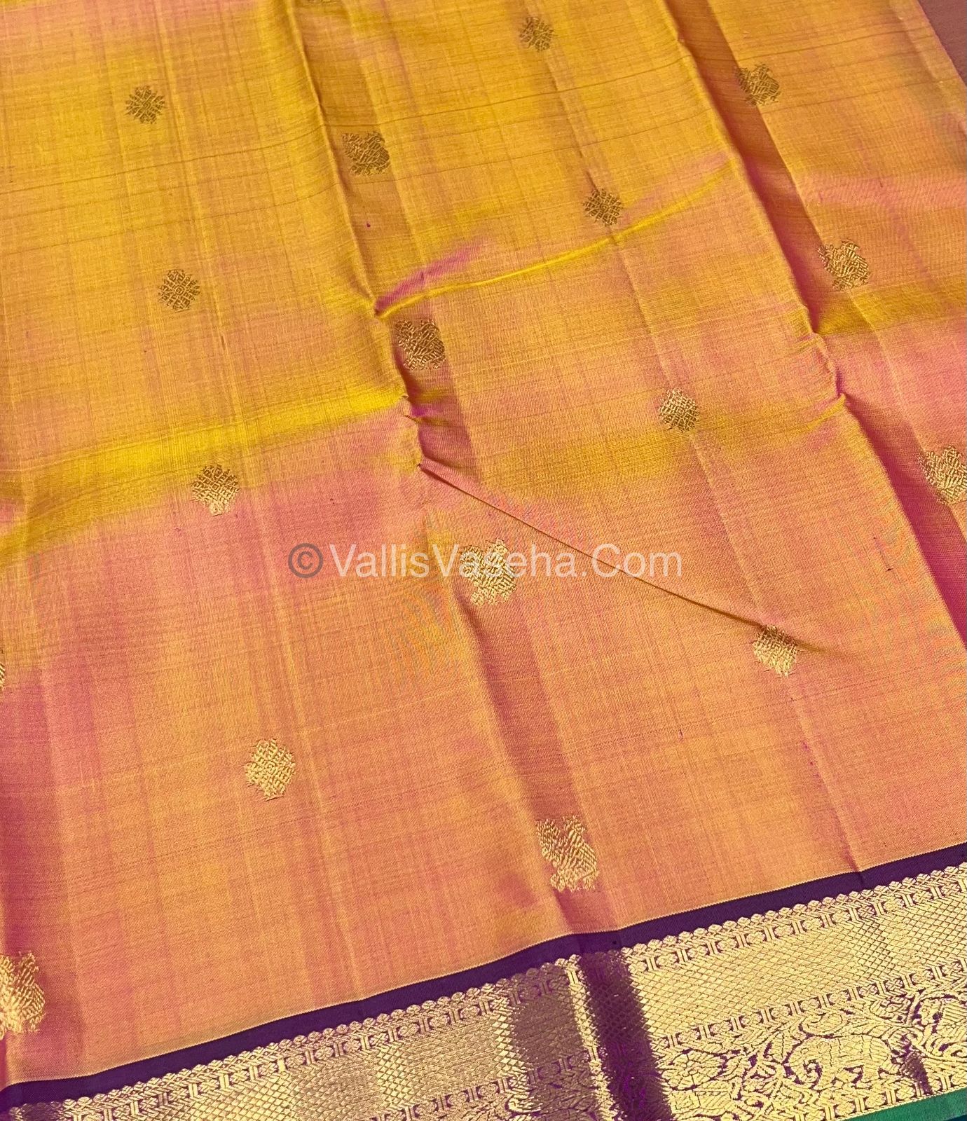 Pure Kanchipuram Silk Saree - Peachish Gold With Purple Shade  - VVPS022
