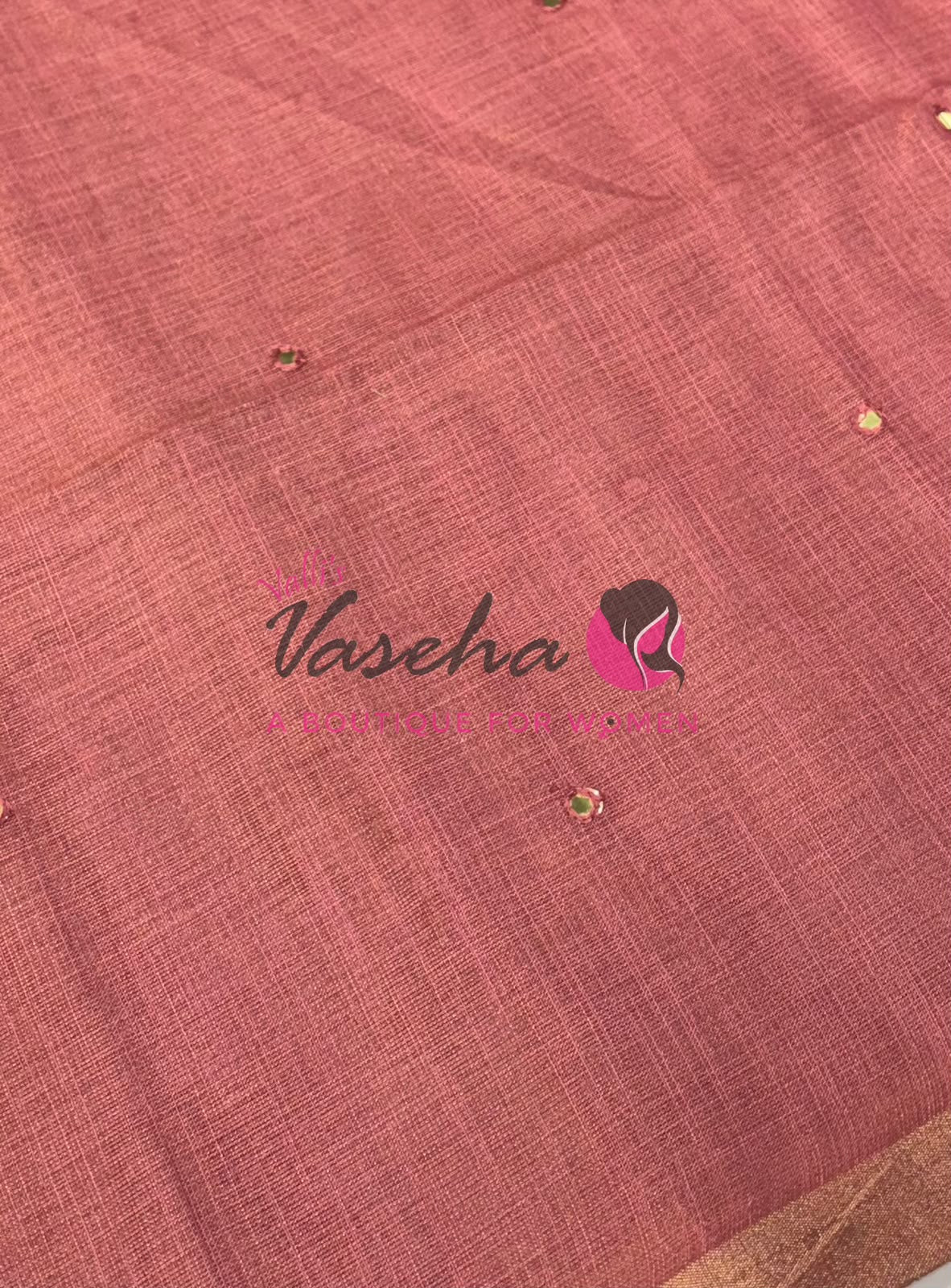 Linen Tissue Saree - Mirror Work Embroidery - Pink With Green Shade - VVLTS001