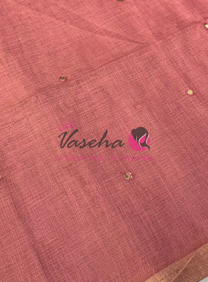 Linen Tissue Saree - Mirror Work Embroidery - Pink With Green Shade - VVLTS001