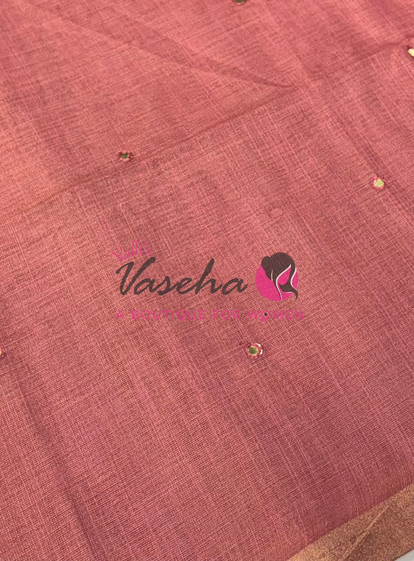 Linen Tissue Saree - Mirror Work Embroidery - Pink With Green Shade - VVLTS001